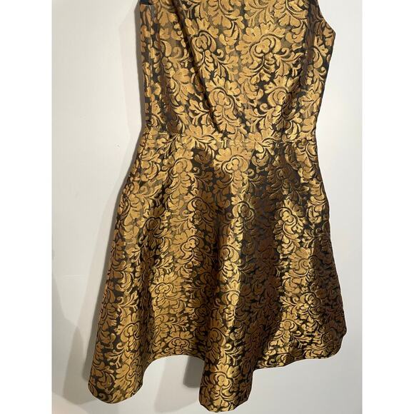 Chetta B Gold Floral Brocade Fit and Flare Beaded High Neck Dress - Picture 3 of 11